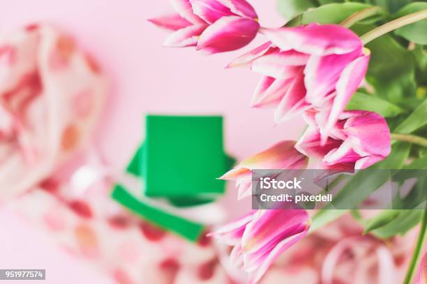 Pink Tulips Bouquet For Mothers Day With Brushlettering Card Stock Photo - Download Image Now