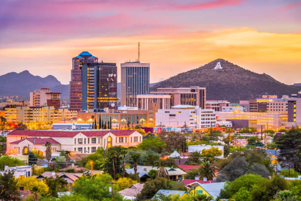 Tucson, Arizona, USA Skyline Tucson, Arizona, USA downtown skyline with Sentinel Peak at dusk. (Mountaintop "A"  for "Arizona") Arizona stock pictures, royalty-free photos & images