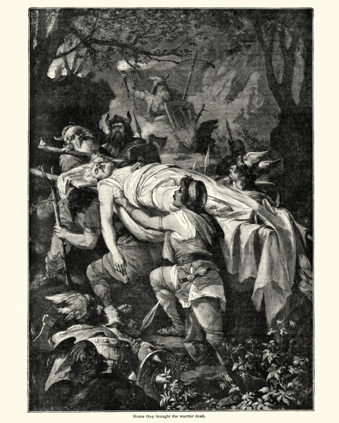 Burial of a viking warrior Vintage engraving of a Burial of a viking warrior funeral procession stock illustrations