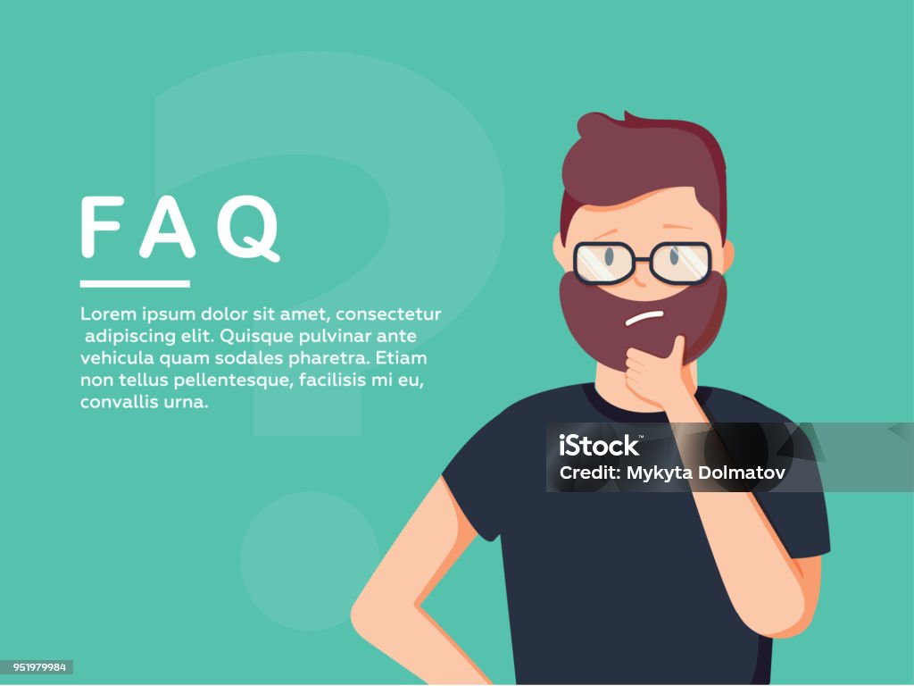 Young man standing near big question symbol and he needs to ask help or advice via live chat, help desk or faq. Young man standing near big question symbol and he needs to ask help or advice via live chat, help desk or faq. Flat concept vector illustration of online support on blue background Question Mark stock vector
