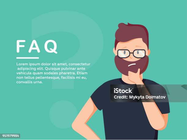 Young Man Standing Near Big Question Symbol And He Needs To Ask Help Or Advice Via Live Chat Help Desk Or Faq Stock Illustration - Download Image Now