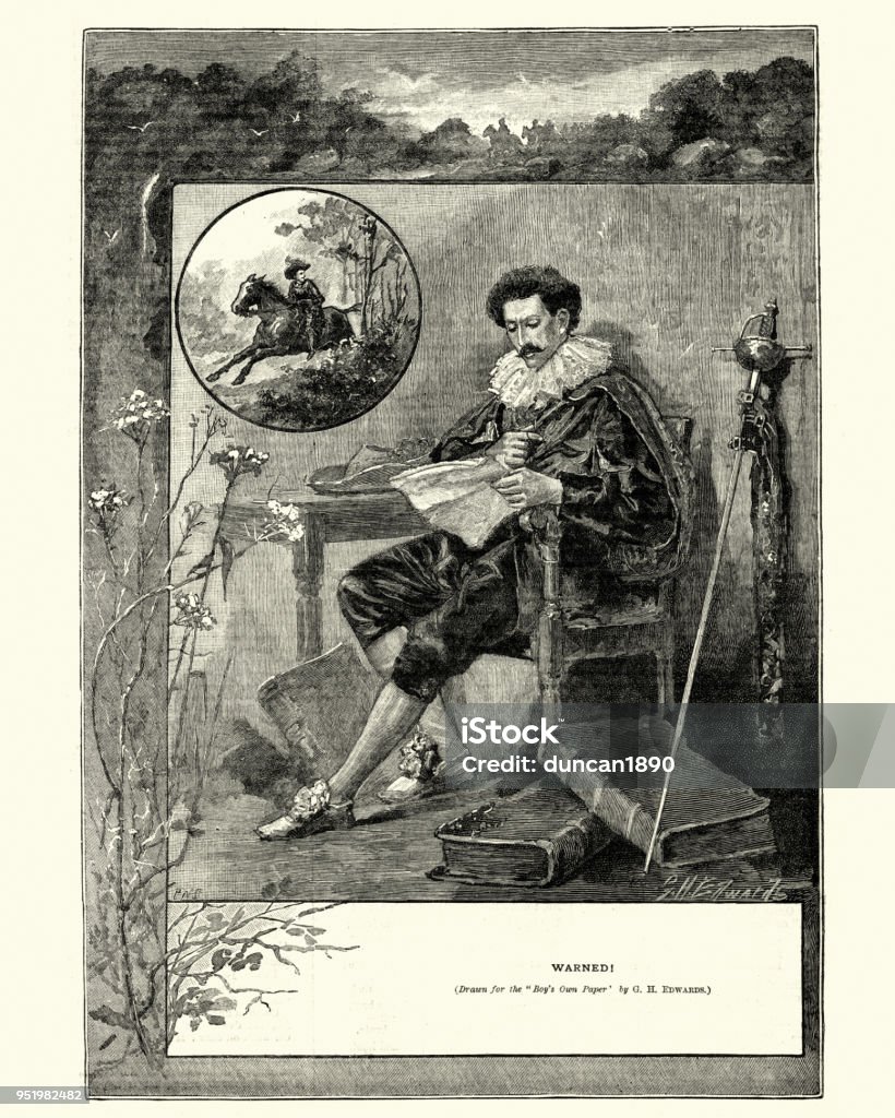 Cavalier receiving a warning message, 17trh Century Vintage engraving of a Cavalier receiving a warning message, 17trh Century 17th Century stock illustration