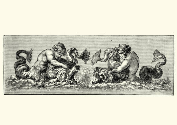 ilustraciones, imágenes clip art, dibujos animados e iconos de stock de neptuno dios del mar, lucha contra un monstruo del mar - roman god