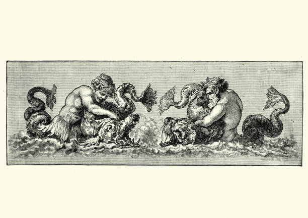 Vintage engraving of Neptune God of the Sea fighting a sea monster