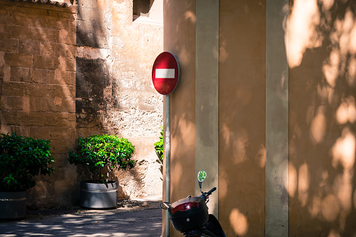 Shadow of a tree's foliage cast upon the facades of adjacent buildings at an intersection of narrow urban streets.  In the foreground, is the seat and mirror of a moped or scooter.  The street sign marks 'no entrance' for a one way street.  The shade is provided by Plane trees, called platanos de sombra in Spanish and plàtans in Catalan.  They commonly line many urban streets in Spain, offering shelter from the sun in the summer.  In the winter, as they are deciduous, they bare branches let as much light as possible access the street.  Palma de Mallorca, Mallorca.