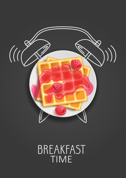 śniadanie. realistyczne gofry, dżem i świeże maliny i malowany budzik. koncepcja. ilustracja wektorowa. - waffle breakfast syrup plate stock illustrations