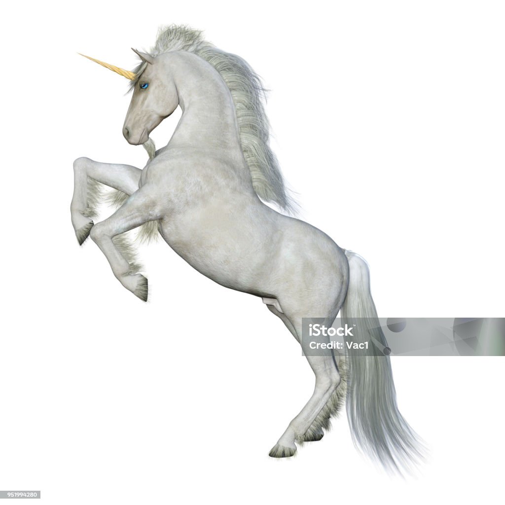 Unicornio de cuento de hadas blanca Render 3D sobre blanco - Foto de stock de Unicornio libre de derechos