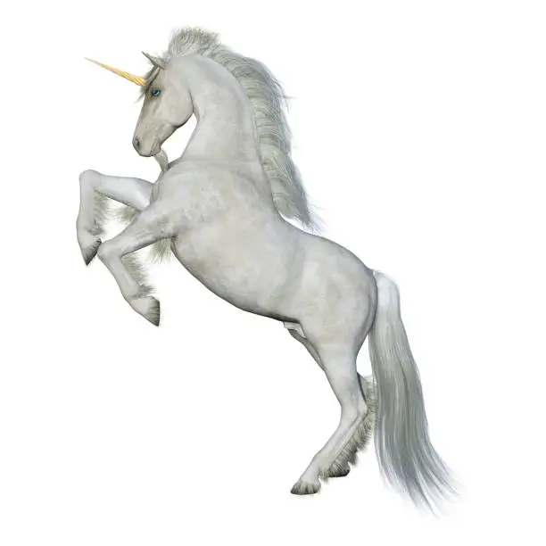 Photo of 3D rendering fairy tale white unicorn on white