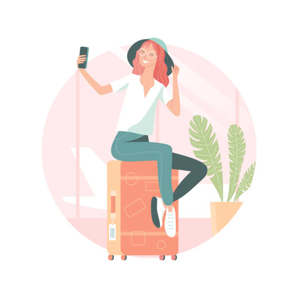 Young woman taking selfie at the airport Vector illustration of young woman sitting on suitcase and taking selfie at the airport before flight. Traveling concept, pop art flat style. selfie illustrations stock illustrations