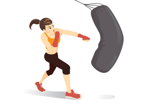 illustrations, cliparts, dessins animés et icônes de femme a essayé un entraînement de boxe cardio avec succès un sac lourd. - femme transpiration sport
