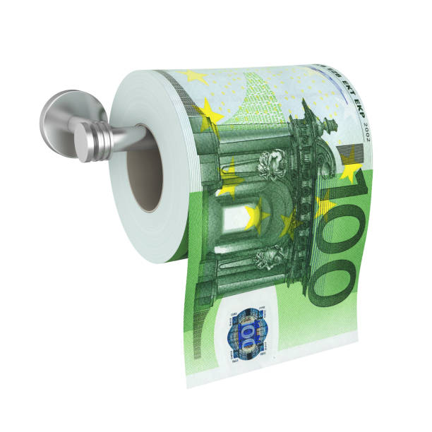 American dollar note toilet roll on a white tiled background. Copy space