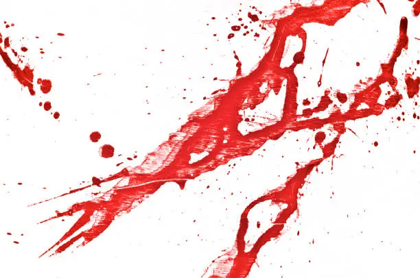 Photo of Blood splatter, red acrylic paint splash background texture grunge. Blood splash, spray. Abstract acrylic hand painted splash. Murder and killing. Close up.