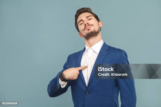 Closeup Portrait Of Proud Man Pointing Finger Himself Stock Photo - Download Image Now