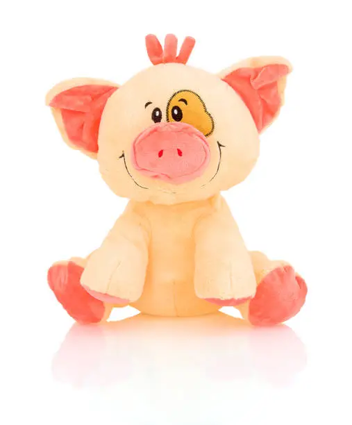 Pig plushie doll isolated on white background with shadow reflection. Pink hog stuffed puppet isolated on white backdrop.