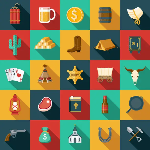 Vector illustration of Flat Design Western Icon Set with Side Shadow