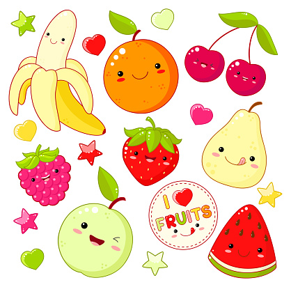 Set of cute sweet fruit icons in kawaii style with smiling face and pink cheeks. Sticker with inscription I love fruits. Apple, pear, cherry; orange, strawberry, watermelon, banana. EPS8