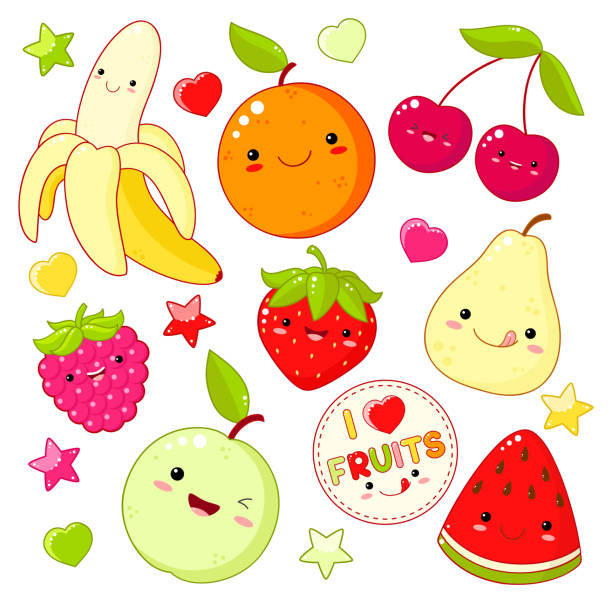 Set of cute sweet fruit icons in kawaii style vector art illustration