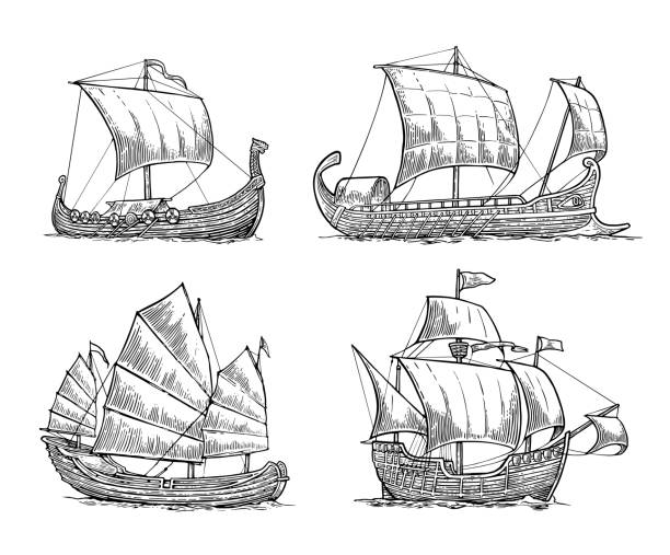 ilustrações de stock, clip art, desenhos animados e ícones de trireme, caravel, drakkar, junk. set sailing ships floating sea waves. - drakkar