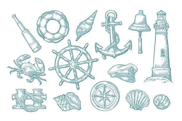 kotwica, koło, pachołek, kapelusz, kompas róża, muszla, krab, grawerowanie latarni morskiej - sailor stock illustrations