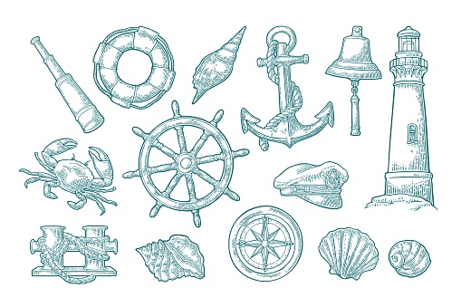 Set sea adventure. Anchor, wheel, bollard, hat, compass rose, shell, crab, bell, lifebuoy, lighthouse isolated on white background. Vector cyan vintage engraving illustration. For poster yacht club.