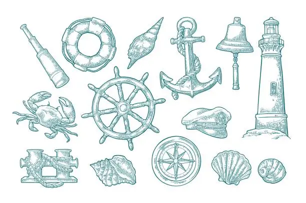 Vector illustration of Anchor, wheel, bollard, hat, compass rose, shell, crab, lighthouse engraving