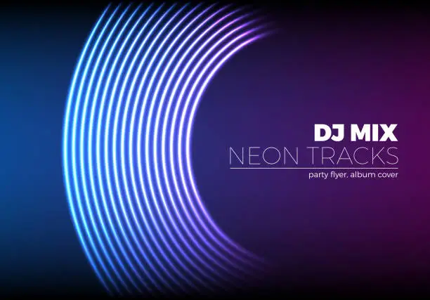 Vector illustration of Vinyl grooves as neon lines background. With 80s vapor wave style for dj mix cover