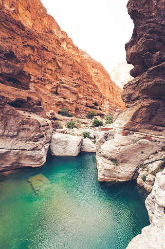beautiful wadi shab riverbed oasis at the sultanate of oman.