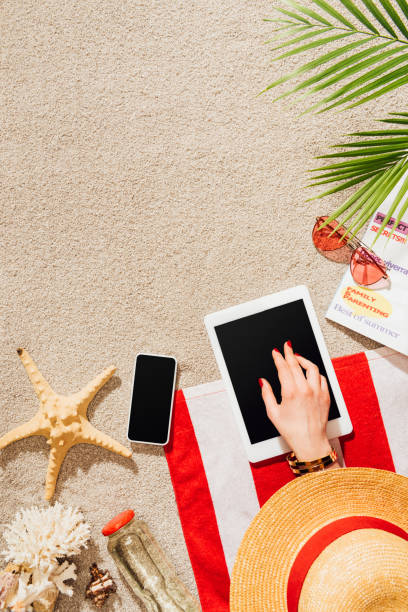 istock cropped shot of woman in hat using gadgets while relaxing on sandy beach 952011606