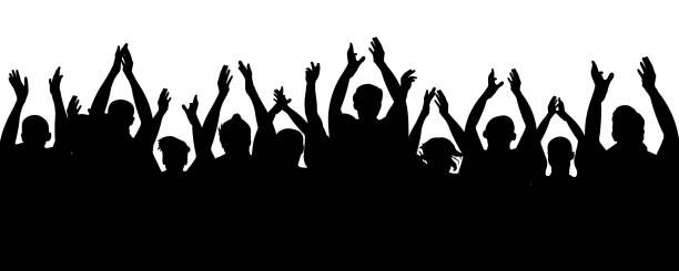 istock Applause audience. Crowd people cheering, cheer hands up. Cheerful mob fans applauding, clapping. Party, concert, sport. Vector silhouette 952012048