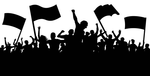 istock Crowd of people with flags, banners. Sports, mob, fans. Demonstration, manifestation, protest, strike, revolution, riot, propaganda. Silhouette background vector 952012168
