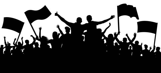 ilustrações de stock, clip art, desenhos animados e ícones de crowd of people, friends at a party silhouette. concert, festival, music. cheer crowd people. audience cheering applause. cheerful sports fan. mob soccer banner. crowd with flags and banners - club soccer