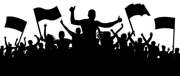 istock Silhouette cheer crowd people. Audience cheering applause, clapping. Cheerful sports fan. Mob soccer banner. Party music concert. Isolated vector 952012400