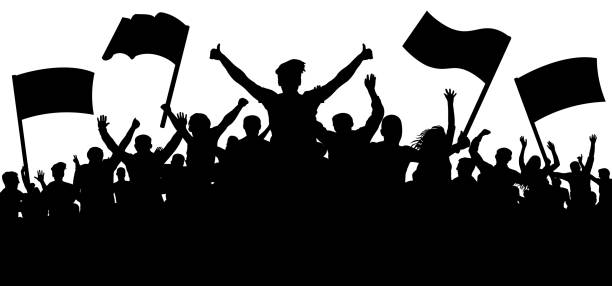 istock Silhouette cheer crowd people. Audience cheering applause, clapping. Cheerful sports fan. Mob soccer banner. Party music concert. Demonstration, protest, strike, revolution, riot. Isolated vector 952012432
