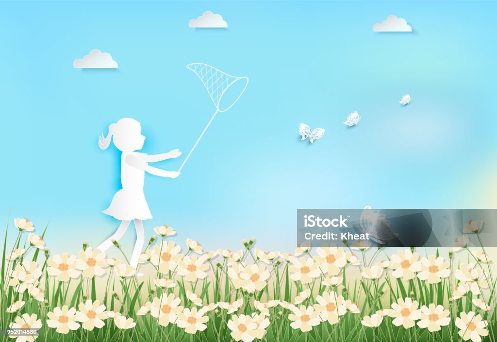 Girl happiness with catching butterflies in cosmos flowers field paper art, paper craft style illustration background Girl happiness with catching butterflies in cosmos flowers field on blue sky background paper art, paper craft style illustration Girls stock vector