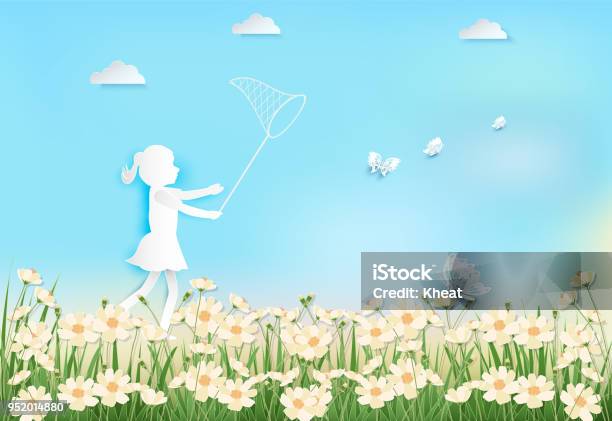 Girl Happiness With Catching Butterflies In Cosmos Flowers Field Paper Art Paper Craft Style Illustration Background Stock Illustration - Download Image Now