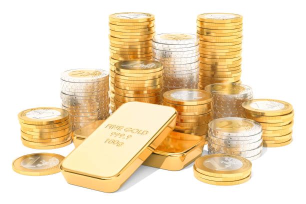 sztabki złota i monety euro, renderowanie 3d odizolowane na białym tle - gold ingot coin bullion zdjęcia i obrazy z banku zdjęć