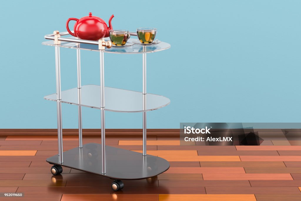 Serving cart with cups of tea and teapot. 3D rendering Cart Stock Photo