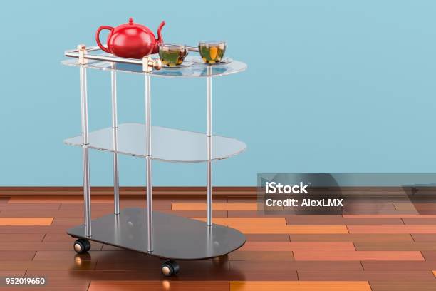 Serving Cart With Cups Of Tea And Teapot 3d Rendering Stock Photo - Download Image Now