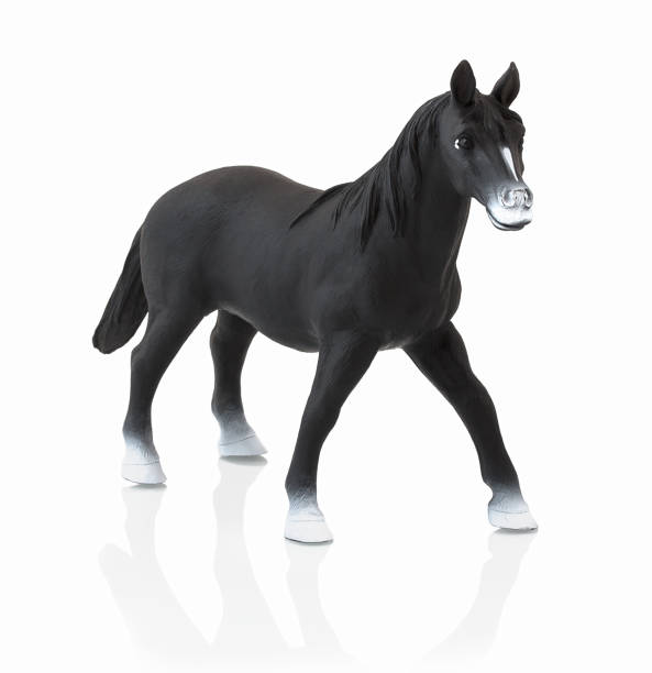 istock Black horse toy isolated on white background with shadow reflection. Children's small plastic black horse on white backdrop. Miniature plastic model of horse. 952020802