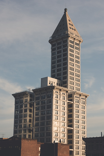 A high key desaturated image of the Seattle Smith Tower.