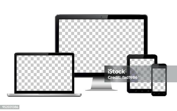 현실적인 컴퓨터 노트북 태블릿 및 절연 투명 배경 화면 휴대 전화 컴퓨터에 대한 스톡 벡터 아트 및 기타 이미지 - 컴퓨터, 태블릿, 컴퓨터 모니터