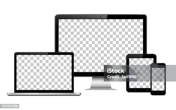 Realistic Computer Laptop Tablet And Mobile Phone With Transparent Wallpaper Screen Isolated Stock Illustration - Download Image Now