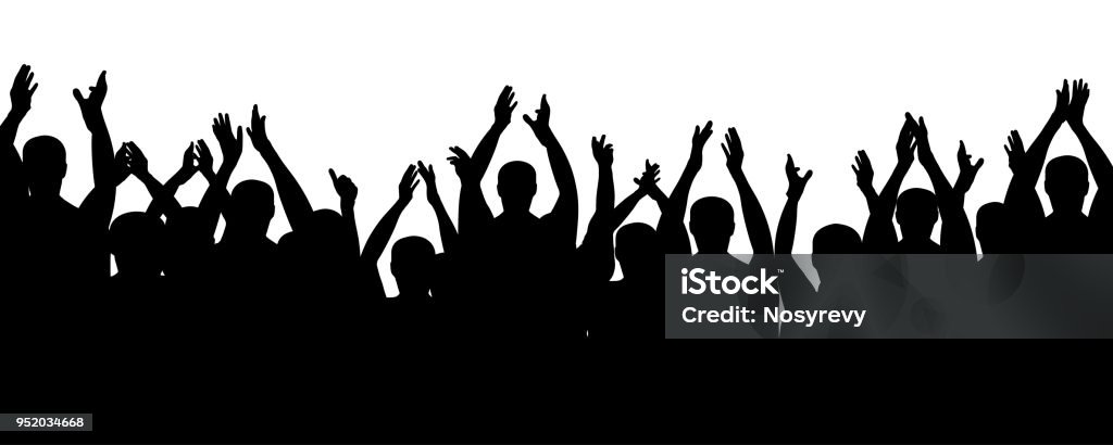 Crowd people cheering, cheer hands up. Applause audience. Cheerful mob fans applauding, clapping. Vector silhouette concert In Silhouette stock vector