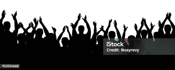 Crowd People Cheering Cheer Hands Up Applause Audience Cheerful Mob Fans Applauding Clapping Vector Silhouette Concert Stock Illustration - Download Image Now