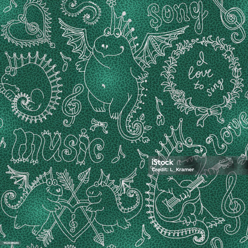 Abstract Seamless Pattern Of Funny Cartoon Dragons Playing Music And  Singing A Song White Contour Sketch Doodle Drawing On A Dappled Green  Background Wallpaper Web Page Wrapping Paper Textile Print Stock  Illustration -