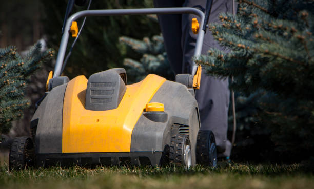 istock Gardener Operating Soil Aeration Machine on Grass Lawn 952040200