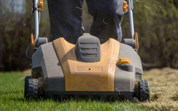 istock Gardener Operating Soil Aeration Machine on Grass Lawn 952040614