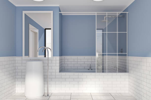 istock Blue and brick wall bathroom, round sink 952041006
