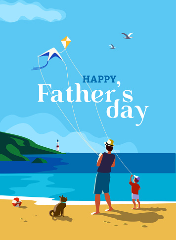 Happy father and son enjoy kiting on sea beach. Father's day poster. Family leisure fun activity on sand seashore. Colorful cartoon. Dad and kid boy together. Vector ocean seascape scenic background