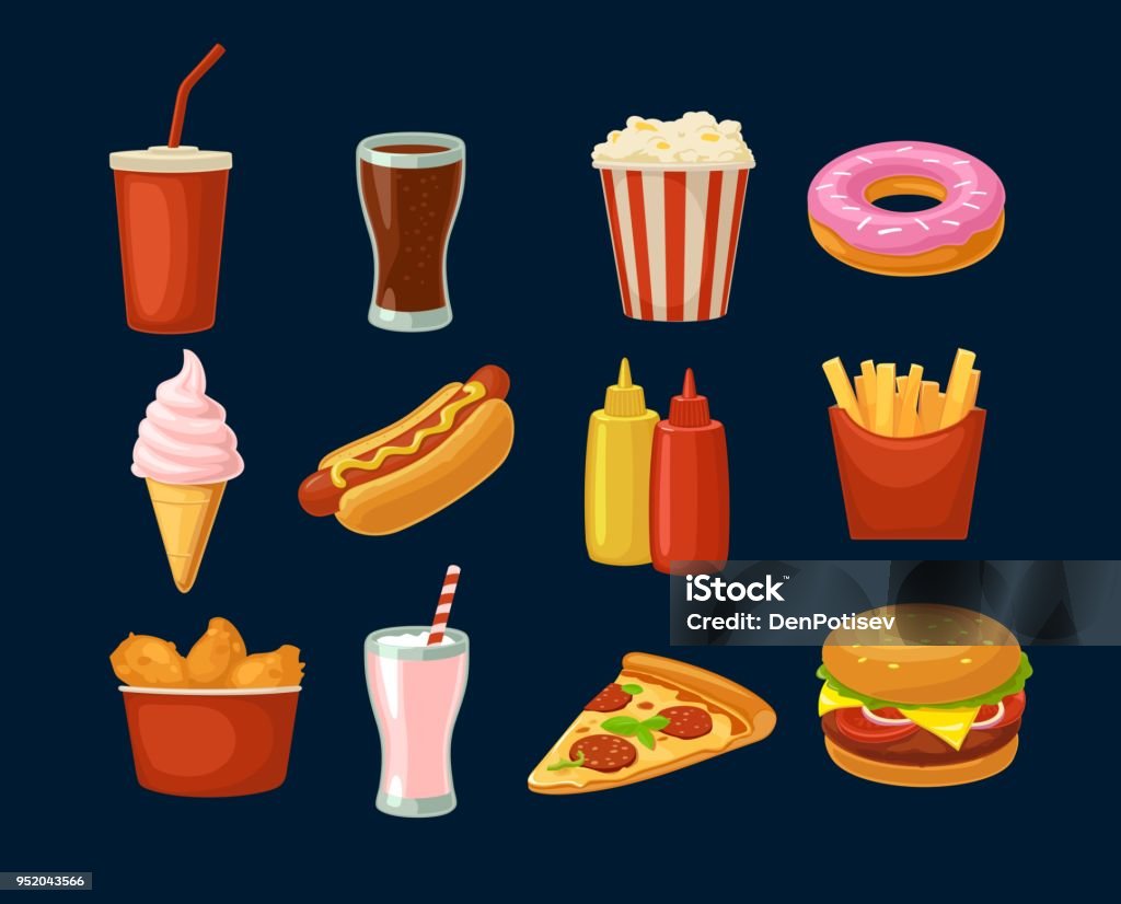 Set fast food icon. Cup cola, hamburger, pizza fried chicken legs Set fast food icon. Cup cola, donut, ice cream, milkshake, hamburger, pizza, chicken legs, hotdog, fry potato, popcorn, ketchup. Isolated dark background. Vector flat color illustration. For takeaway Fast Food stock vector